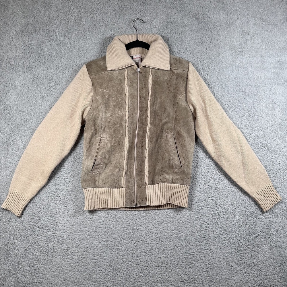 Vintage Gimbels Jacket Mens Medium Tan Brown Suede Leather Knit Bomber Korea 70s